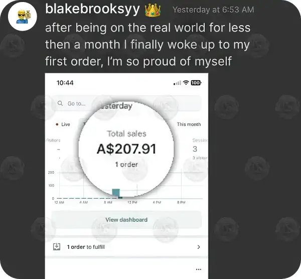 a student of Hustlers University make the first sale on Shopify e-commerce